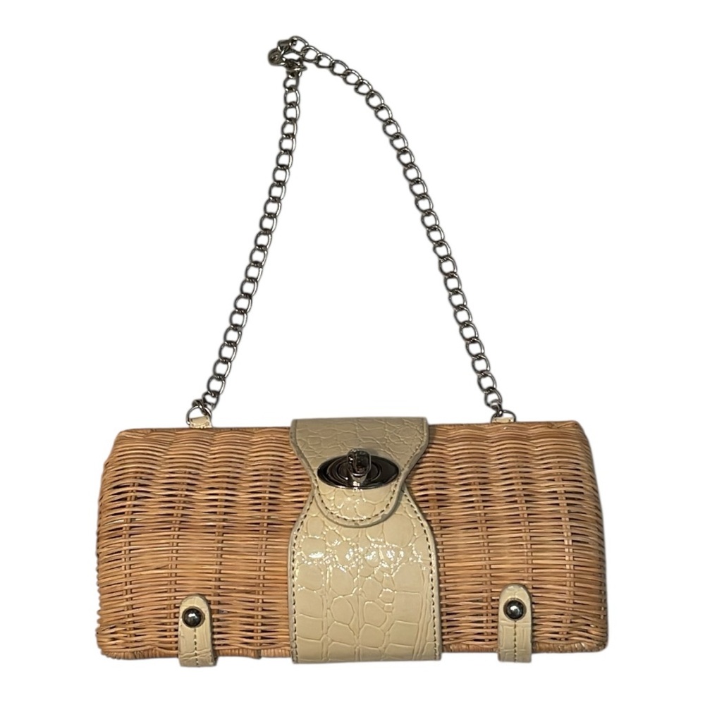 Tan and Cream Mini basket Bag with Chain Strap. Ivory and silver finishings - Picture 5 of 12